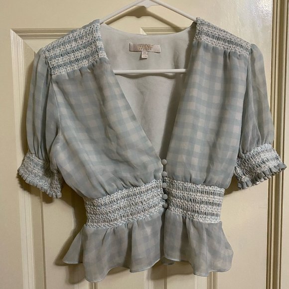 WAYF Blue Puffed Sleeved Smock Blouse - Picture 2 of 7